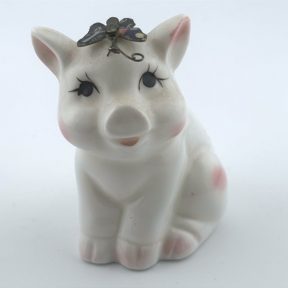 Vintage Ceramic Pig Figurine with Metal Butterfly White Pink Spotted Kitschy